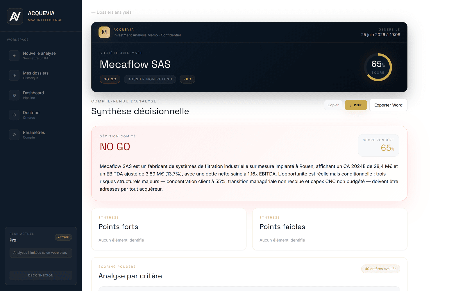 Un rapport d'analyse Acquevia avec notes par critère et décision finale